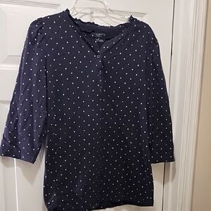 Talbots navy and white polkadot top  1X
